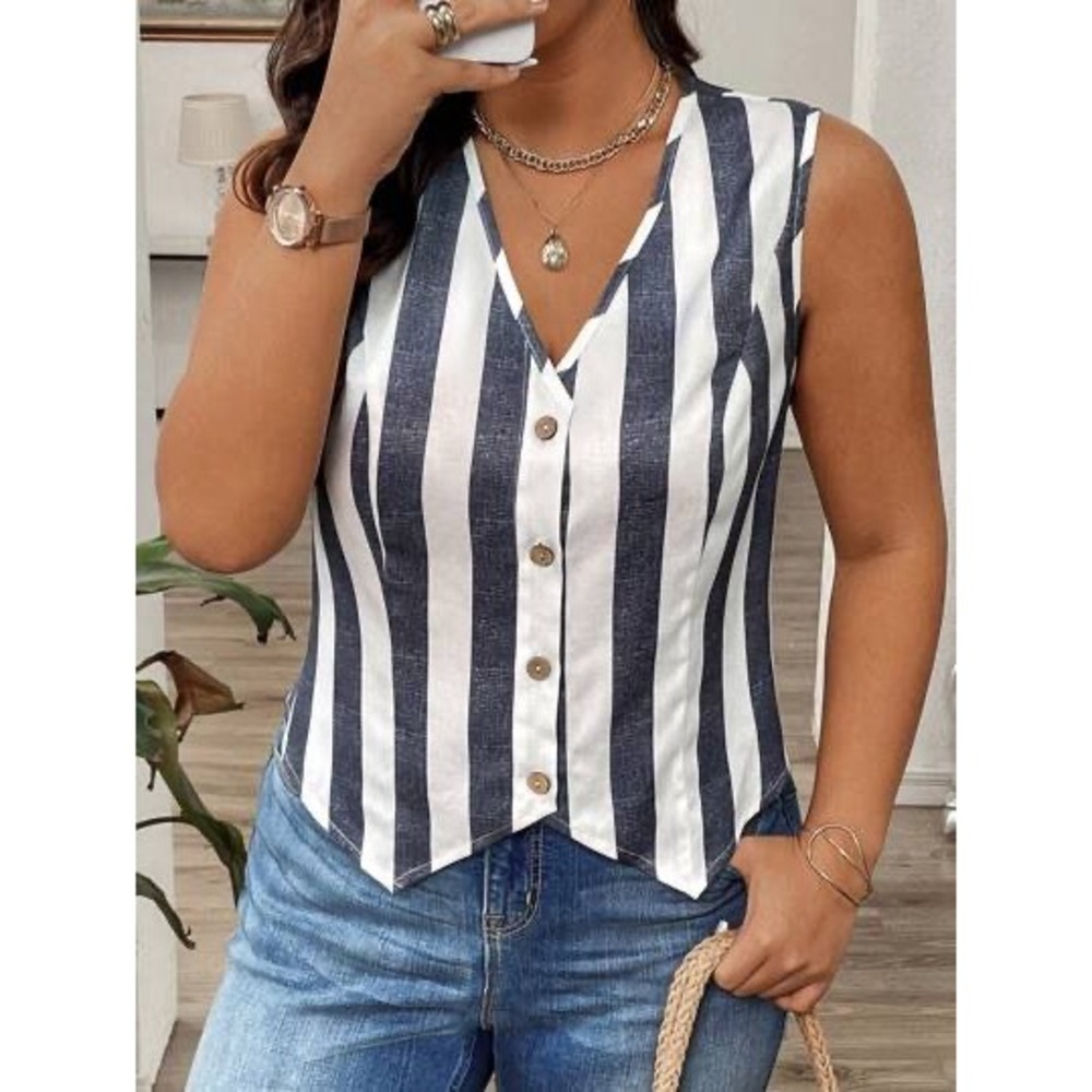 SHEIN Women Navy Blue White Striped Sleeveless Button Down Vest Top V-Neck